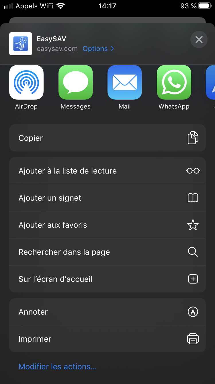 Menu de toutes les options de partage Apple